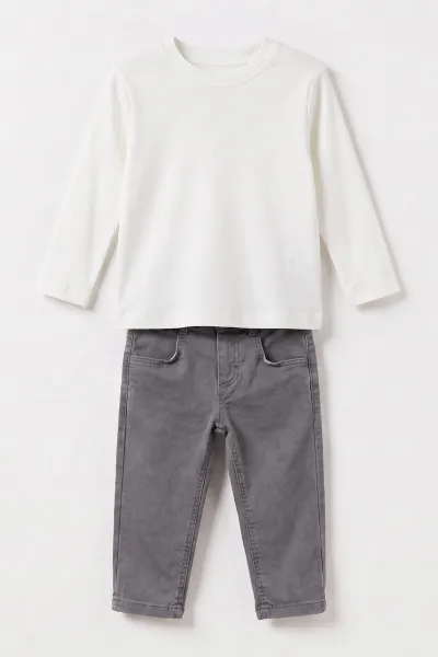 Gri (1-5 Yaş) Badili Triko Hırkalı Gabardin Pantolonlu Erkek Çocuk 3'lü Takım 501558