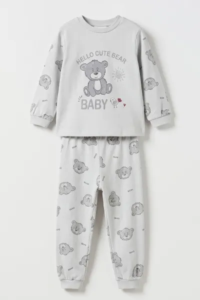 Gri (1-6 Yaş )Hello Cute Bear Baskılı Penye Erkek Bebek&Çocuk   Pijama Takım 500345