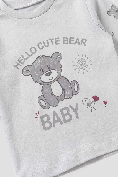 Gri (1-6 Yaş )Hello Cute Bear Baskılı Penye Erkek Bebek&Çocuk   Pijama Takım 500345