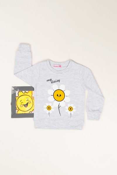 Gri (1-8 Yaş) Çiçek Baskılı İçi Şardonlu Kız Çocuk Sweatshirt 81379