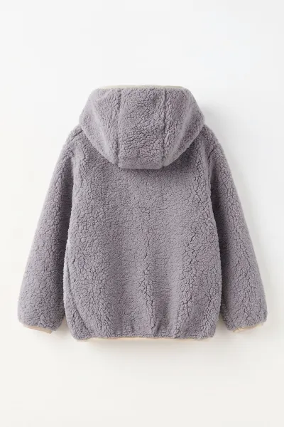 Gri (1-8 Yaş) Nakışlı Kapüşonlu Kanguru Cepli Yarım Fermuarlı Kuzu Kız &Bebek Çocuk Sweatshirt 500313