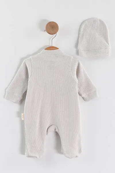 Gri (1-9 Ay)Boy Nakışlı Waffle Kumaş Çapraz Çıtçıtlı Erkek Bebek Tulum 434938