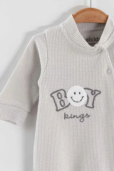 Gri (1-9 Ay)Boy Nakışlı Waffle Kumaş Çapraz Çıtçıtlı Erkek Bebek Tulum 434938