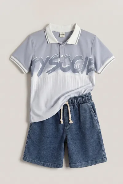 Gri (1-9 Yaş)Polo Yaka Düğmeli Kot Şortlu Erkek Çocuk Takım 462768