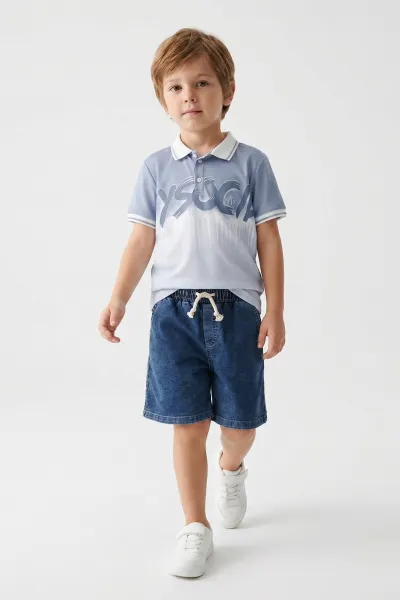 Gri (1-9 Yaş)Polo Yaka Düğmeli Kot Şortlu Erkek Çocuk Takım 462768