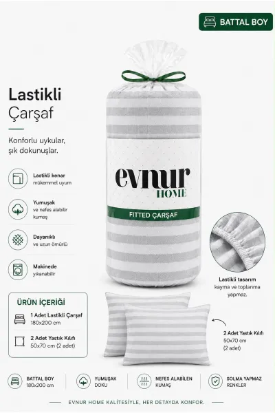 Gri 180x200 Cm  Evnur Home Çizgili Çift Kişilik Fitted (Lastikli) Çarşaf Takımı 497762