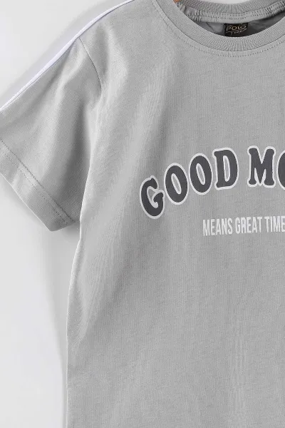 Gri (2-10 Yaş) Good Mood Baskılı Ara Biyeli Şortlu Erkek Çocuk Yazlık 2'li Takım 459034