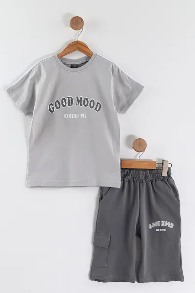 Gri (2-10 Yaş) Good Mood Baskılı Ara Biyeli Şortlu Erkek Çocuk Yazlık 2'li Takım 459034