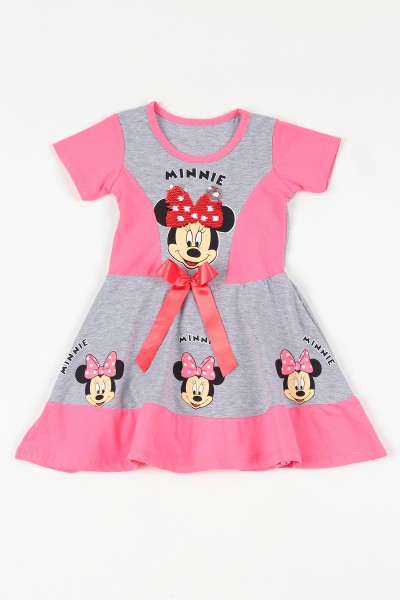 Gri (2-10 yaş) Minnie Mouse Pul İşlemeli  Önü Kurdeleli Kız Çocuk Elbise 108683