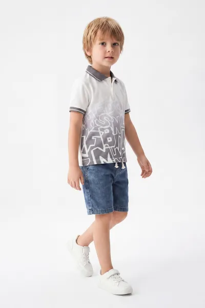 Gri (2-9 Yaş)Polo Yaka Düğmeli Kot Şortlu Erkek Çocuk Yazlık Takım 460669