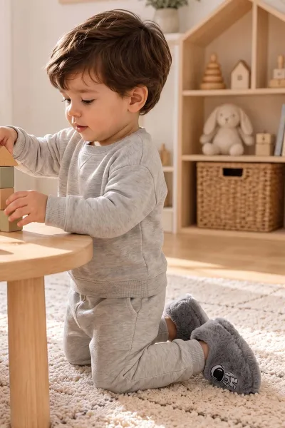 Gri ( 21 - 24 ) Peluş Figürlü Erkek Bebek Panduf 495176