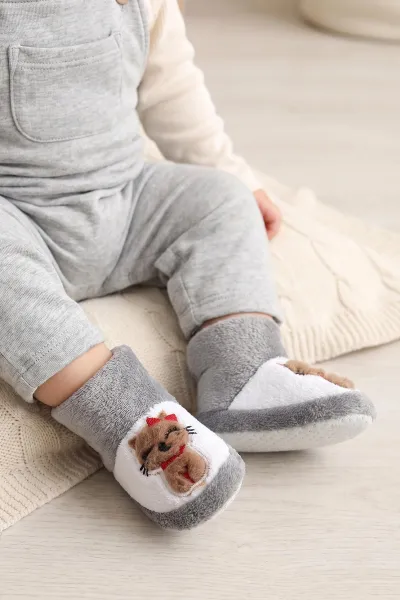 Gri ( 21 - 24 ) Peluş Figürlü Kız Bebek Panduf 498653