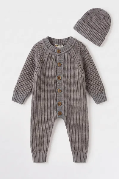 Gri (3-12 Ay) Selanik Örgülü Dikişsiz Şapkalı Triko  Bebek Tulum 474371
