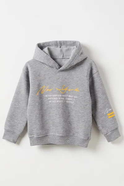 Gri (3-12 Yaş) Baskılı 3 İp Şardonlu Kapüşonlu Erkek Çocuk Sweatshirt 486574
