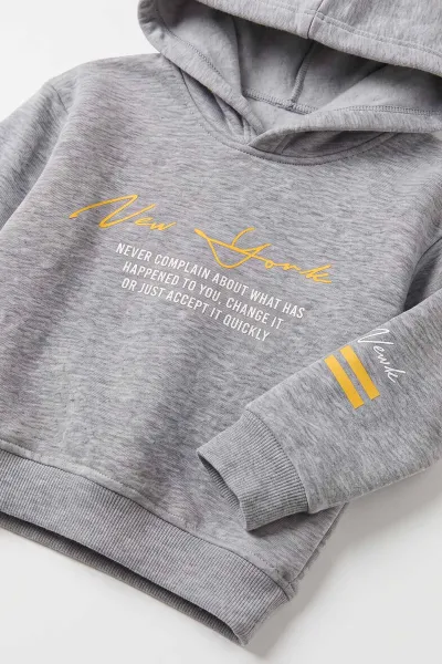 Gri (3-12 Yaş) Baskılı 3 İp Şardonlu Kapüşonlu Erkek Çocuk Sweatshirt 486574