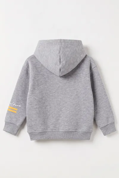 Gri (3-12 Yaş) Baskılı 3 İp Şardonlu Kapüşonlu Erkek Çocuk Sweatshirt 486574