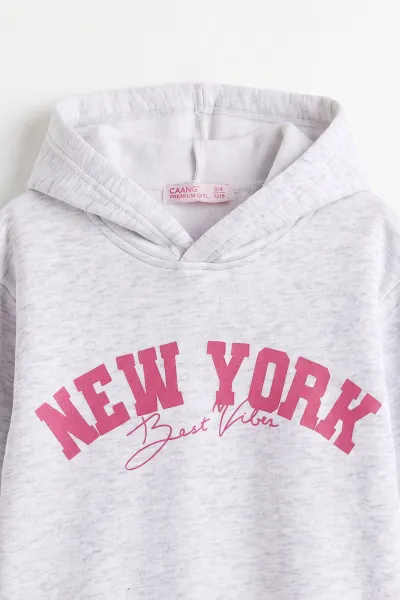 Gri (3-12 Yaş) Baskılı 3 İp Şardonlu Kapüşonlu Kız Çocuk Sweatshirt 473952