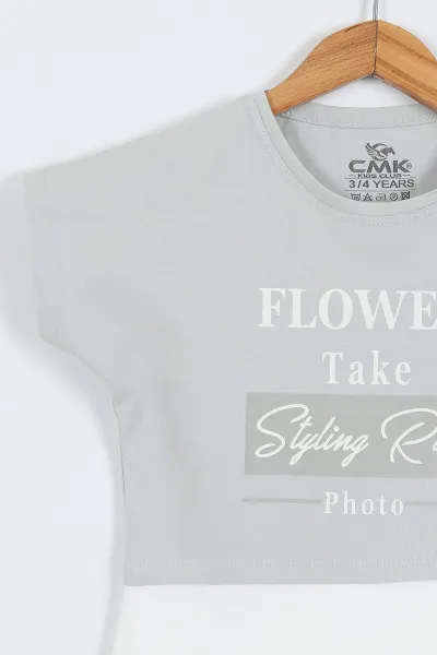 Gri (3-12 Yaş) Flower Baskılı Eklenti Detaylı Kısa Kol   Kız Çocuk Tişört 354300