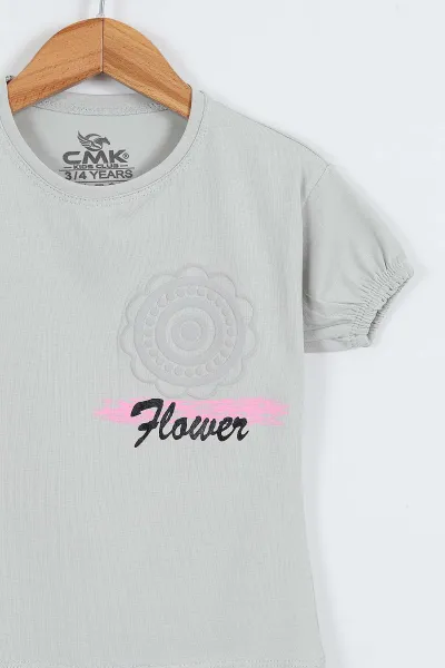 Gri (3-12 Yaş) Flower Baskılı Kol Lastikli Kız Çocuk Tişört 354294