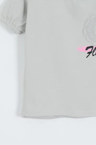 Gri (3-12 Yaş) Flower Baskılı Kol Lastikli Kız Çocuk Tişört 354294
