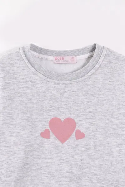 Gri (3-12 Yaş) Kalp Baskılı 3 İp Şardonlu Kız Çocuk Sweatshirt 473980