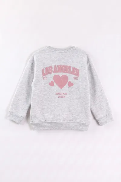 Gri (3-12 Yaş) Kalp Baskılı 3 İp Şardonlu Kız Çocuk Sweatshirt 473980