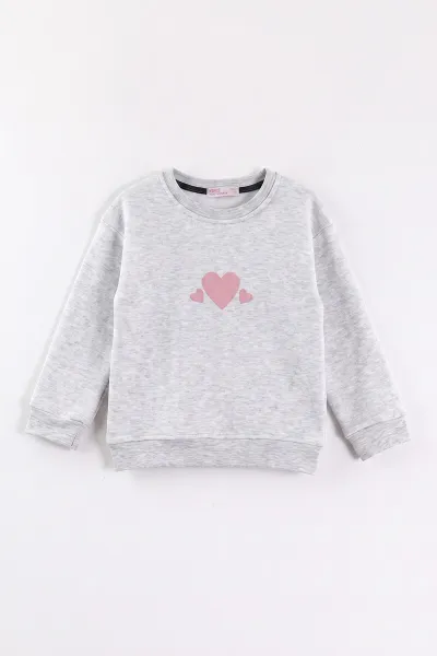 Gri (3-12 Yaş) Kalp Baskılı 3 İp Şardonlu Kız Çocuk Sweatshirt 473980