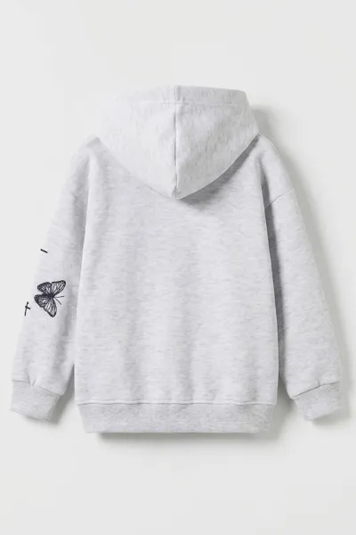 Gri (3-12 Yaş) Kelebek Baskılı Kapüşonlu  Şardonlu 3 İp Kız Çocuk Sweatshirt 484141