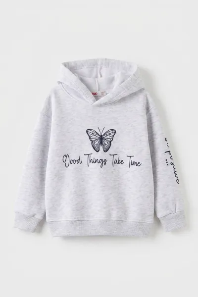 Gri (3-12 Yaş) Kelebek Baskılı Kapüşonlu  Şardonlu 3 İp Kız Çocuk Sweatshirt 484141