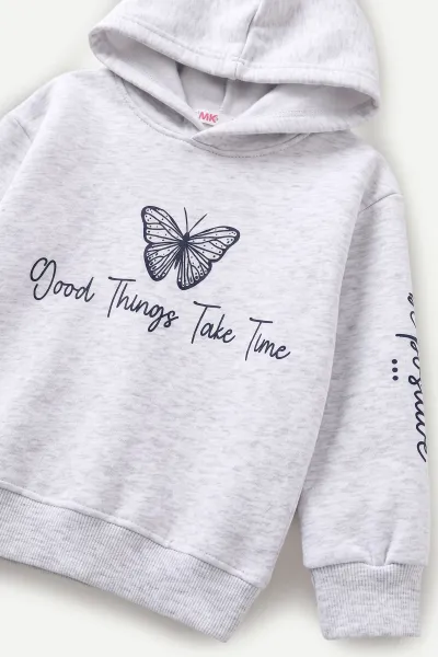 Gri (3-12 Yaş) Kelebek Baskılı Kapüşonlu  Şardonlu 3 İp Kız Çocuk Sweatshirt 484141
