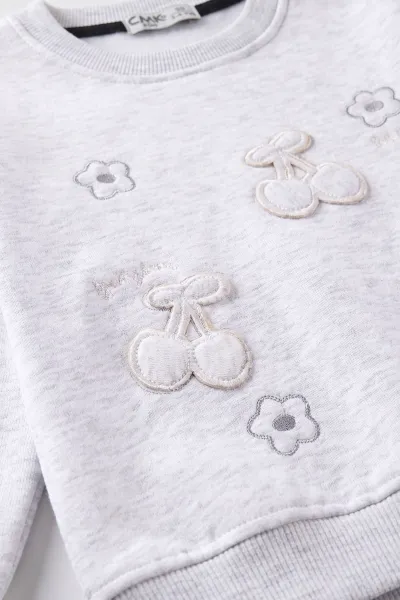 Gri (3-12 Yaş) Kiraz Nakışlı Şardonlu Kız Çocuk Sweatshirt 473993