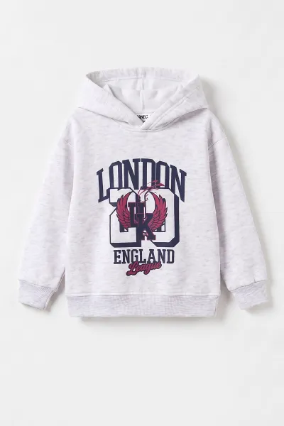 Gri (3-12 Yaş) London Baskılı 3 İp Şardonlu Kapüşonlu Kız Çocuk Sweatshirt 473976