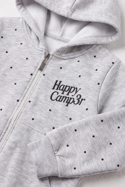 Gri (3-12 Yaş) Noktalı Baskılı Kapüşonlu 3 İp Şardonlu Kız Çocuk Sweatshirt 483902