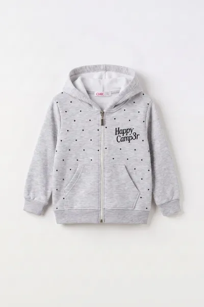Gri (3-12 Yaş) Noktalı Baskılı Kapüşonlu 3 İp Şardonlu Kız Çocuk Sweatshirt 483902
