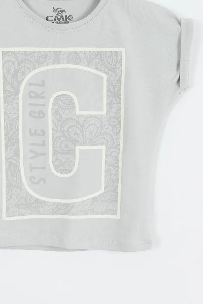 Gri (3-12 Yaş) Style Girl Baskılı   Kısa Kol   Kız Çocuk Tişört 354315