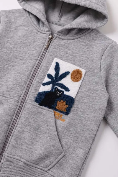 Gri (3-12 Yaş) Süzene Palmiye Nakışlı Kapüşonlu  3 İp Şardonlu Erkek Çocuk Sweatshirt 478784