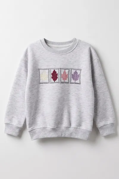 Gri (3-12 Yaş) Yaprak Nakışlı    3 İp Şardonlu Kız Çocuk Sweatshirt 478776