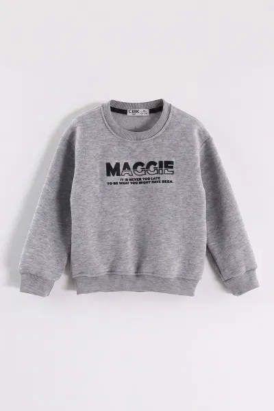 Gri (3-12 Yaş) Yazı Baskılı 3 İp Şardonlu Erkek Çocuk Sweatshirt 473942