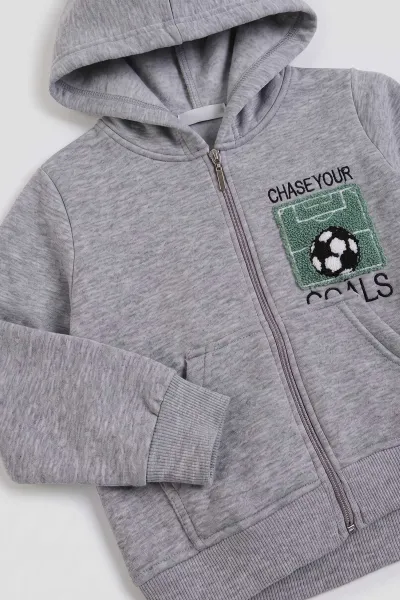 Gri (3-12 Yaş)Nakışlı ve Kapüşonlu 3 İp Şardonlu Erkek Çocuk Sweatshirt 478635