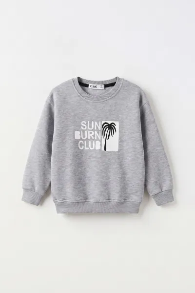 Gri (3-12 Yaş)Palmiye Baskılı 3 İp Şardonlu Erkek Çocuk Sweatshirt 484130