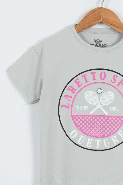 Gri (3-12 Yaş)Tenis Raketi Baskılı  Kız Çocuk Kısa Kol Tişört 354013