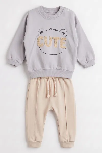 Gri (3-24 Ay) Cute Nakışlı 2 İp Erkek Bebek Mevsimlik Takım 482181
