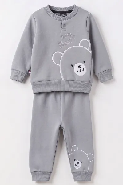 Gri (3-24 Ay) Teddy Bear  Nakışlı  3 İp Şardonlu Erkek Bebek Kışlık Takım 495598
