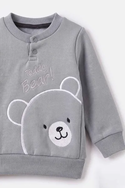 Gri (3-24 Ay) Teddy Bear  Nakışlı  3 İp Şardonlu Erkek Bebek Kışlık Takım 495598