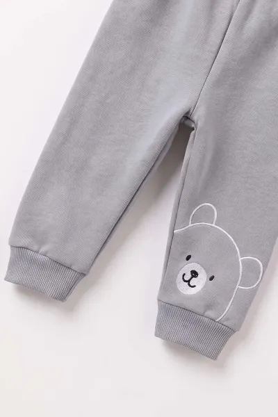 Gri (3-24 Ay) Teddy Bear  Nakışlı  3 İp Şardonlu Erkek Bebek Kışlık Takım 495598