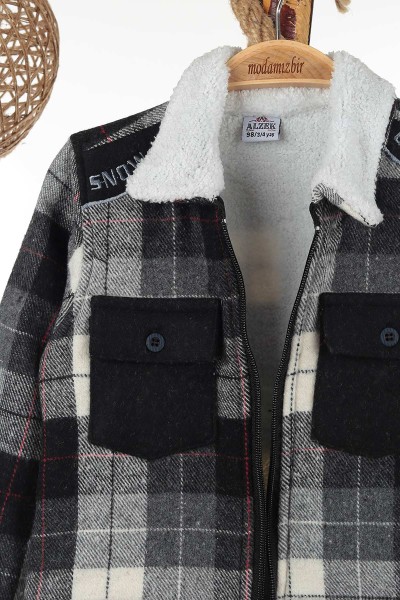 Gri (3-7/8-12 Yaş) Snow Guard Nakışlı Yaka Kürklü Fermuarlı Erkek Çocuk Ceket 143450