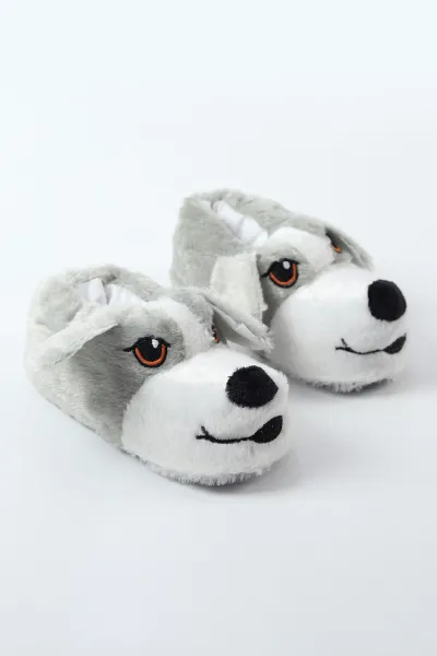 Gri ( 30 - 35 ) Köpek Figürlü Peluş Kız Çocuk Panduf 490453