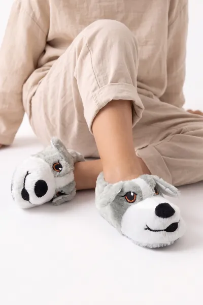 Gri ( 30 - 35 ) Köpek Figürlü Peluş Kız Çocuk Panduf 490453