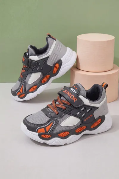 Gri ( 31 - 35 ) Cırt Bantlı Bağcıklı Erkek Çocuk Spor Ayakkabı 465350