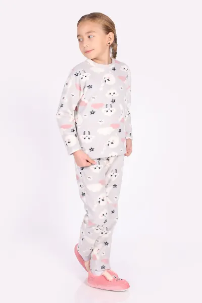 Gri (4-12 Yaş) Ay ve Bulut Desenli Polar Kumaş Kız Çocuk Pijama Takımı 327477